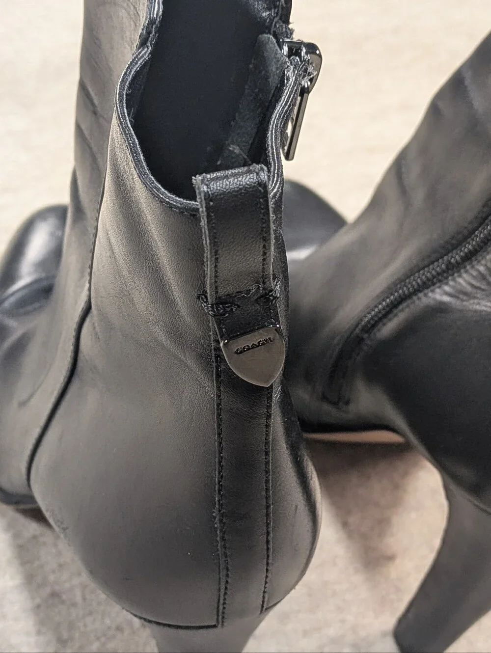 COACH Jemma Black Leather Ankle Heel Boots Women's Classic Zip High Heels W 8.5